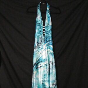 JOSH & JAZZ Blue White Black Halter Prom Formal Dress Rhinestone Gown - Size 5/6